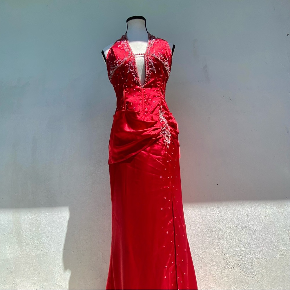 Y2K Mori Lee Red Satin Beaded Formal Dress Size 7/8 Small